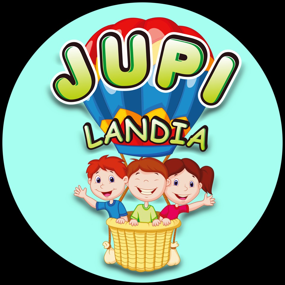 Logo Jupi Landia przedstawiające trójkę uśmiechniętych dzieci w koszu balonu na tle błękitnego koła.