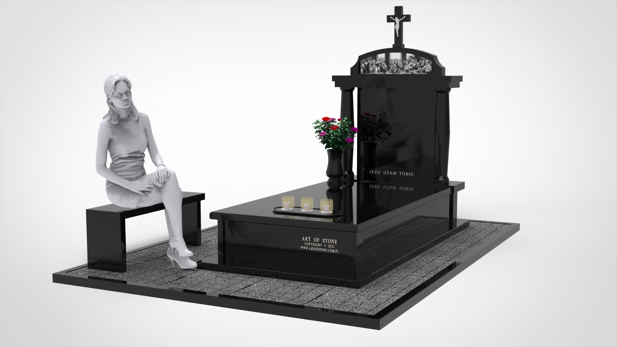Wizualizacja nagrobka z czarnego kamienia z rzeźbą kobiety siedzącej obok, kwiatami w wazonie i zapalonymi zniczami.