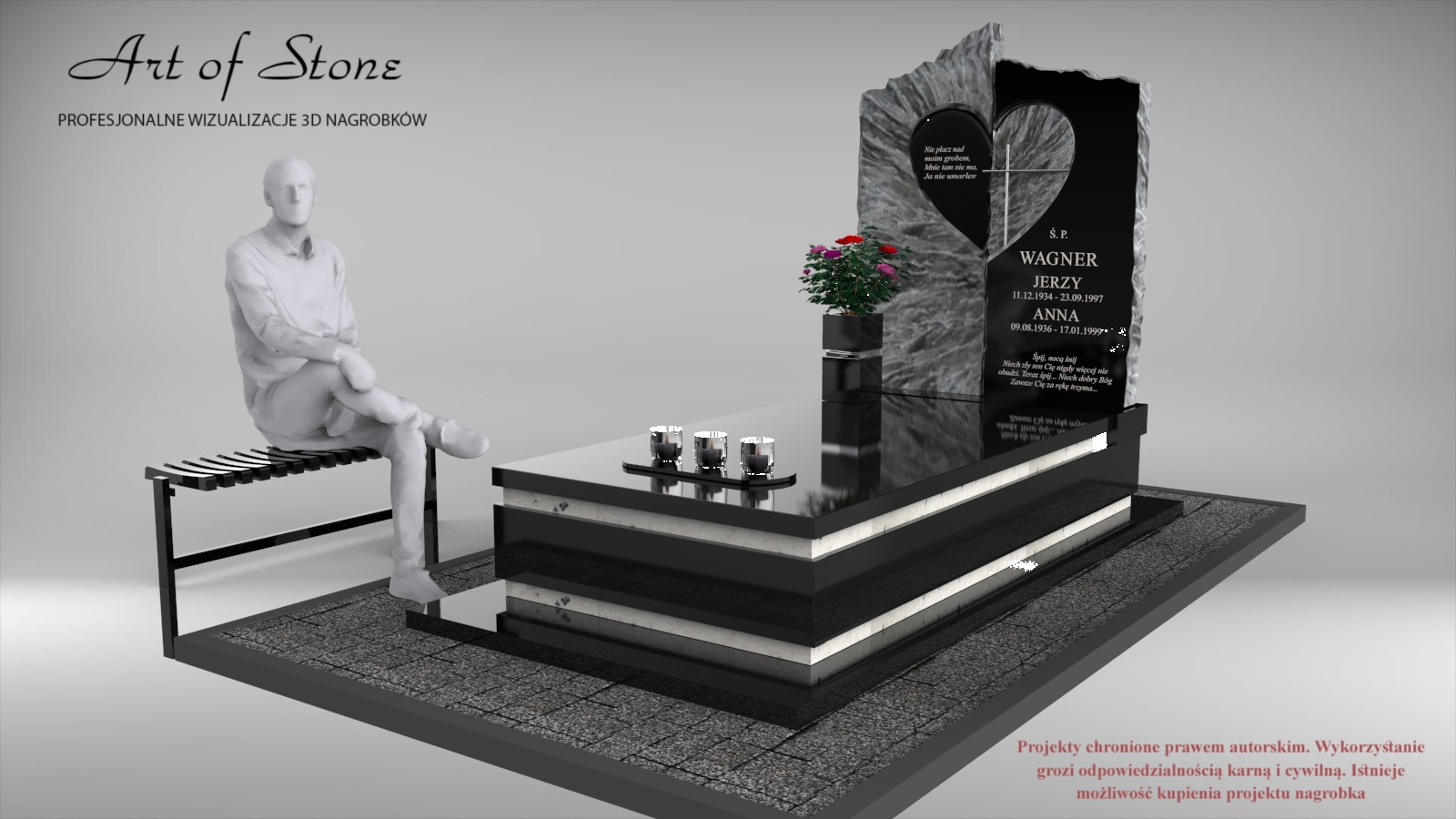 Wizualizacja 3D nagrobka z czarnego kamienia z wyciętym sercem, imionami i datami, z kwiatami i świecami, obok siedząca postać na ławce.