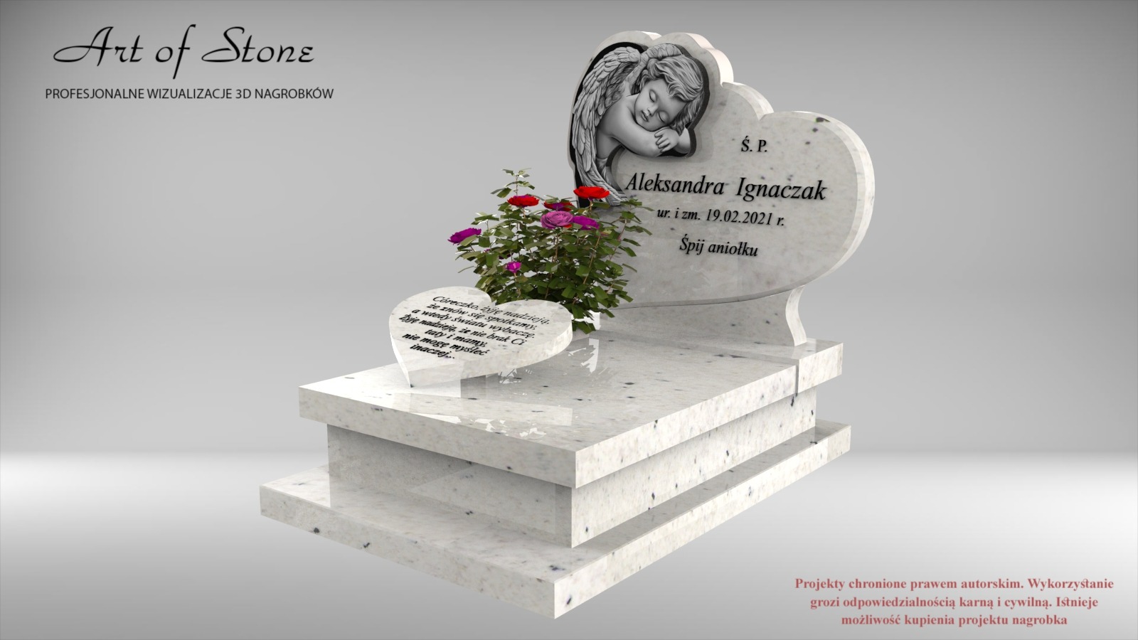 Wizualizacja 3D nagrobka z białego kamienia z motywem śpiącego anioła i kwiatami, napis 'Aleksandra Ignaczak ur. i zm. 19.02.2021 r.' oraz sentencja na dodatkowej płycie w kształcie serca.