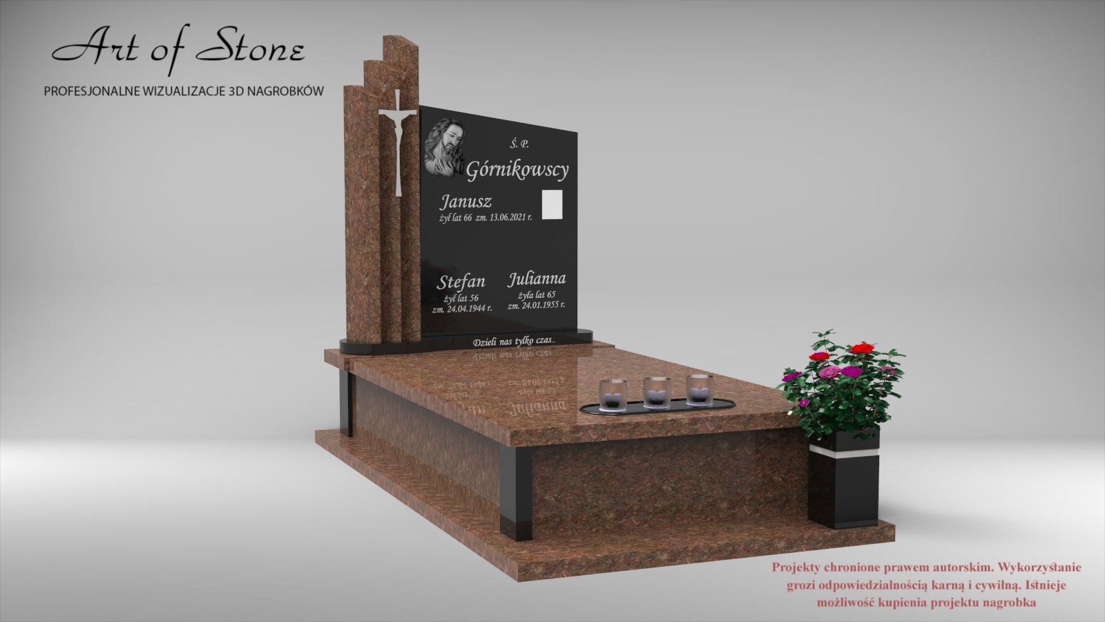 Wizualizacja 3D nagrobka z brązowego kamienia z czarną tablicą inskrypcyjną, krzyżem i wizerunkiem Jezusa, z trzema zniczami i kwiatami w czarnej donicy.