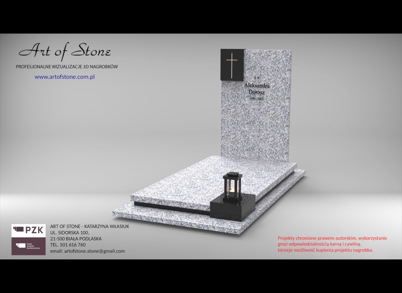 Wizualizacja 3D nagrobka z jasnego granitu z czarnym krzyżem i lampionem, widoczna nazwa firmy Art of Stone i dane kontaktowe.