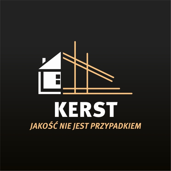 Logo firmy budowlanej KERST z motywem domu w trakcie budowy, hasło: Jakość nie jest przypadkiem.