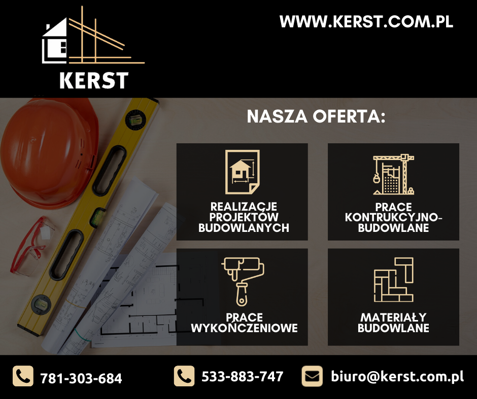 Układanka z narzędzi budowlanych: kask, poziomica, okulary ochronne, zwinięte plany architektoniczne, prezentacja oferty firmy budowlanej Kerst z numerami telefonów i adresem e-mail.