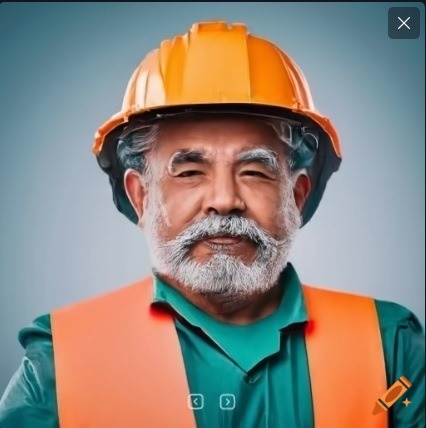 Portret uśmiechniętego, starszego mężczyzny z siwą brodą, w pomarańczowym kasku i kamizelce odblaskowej na tle błękitnego tła.