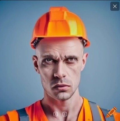 Mężczyzna o surowym spojrzeniu w pomarańczowym kasku budowlanym i kamizelce odblaskowej na jednolitym, błękitnym tle.