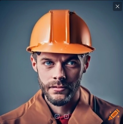 Portret mężczyzny z niebieskimi oczami i brodą, w pomarańczowym kasku ochronnym i brązowej kurtce roboczej, na szarym tle.