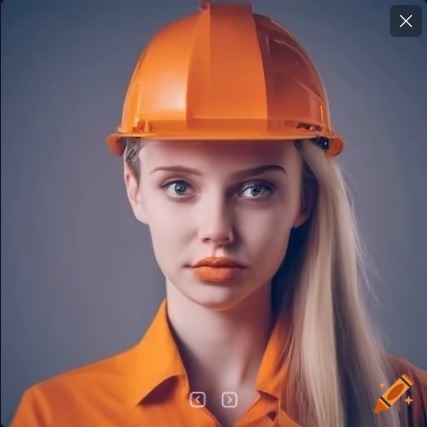 Portret kobiety z blond włosami w pomarańczowym kasku budowlanym i koszuli, patrzącej prosto w obiektyw na szarym tle.