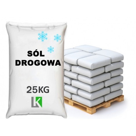 Worek 25kg soli drogowej z logo producenta, obok paleta z ułożonymi workami soli, na białym tle.