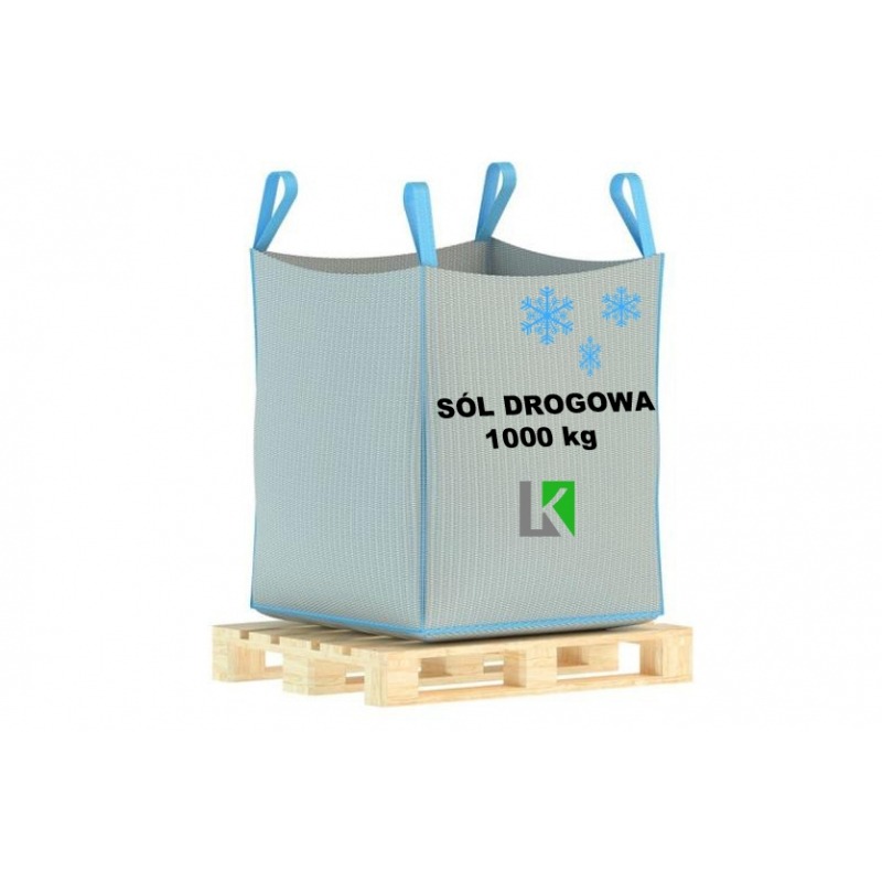 Worek typu big bag z solą drogową 1000 kg, umieszczony na drewnianej palecie, z nadrukowanym logo i motywem śnieżynek.