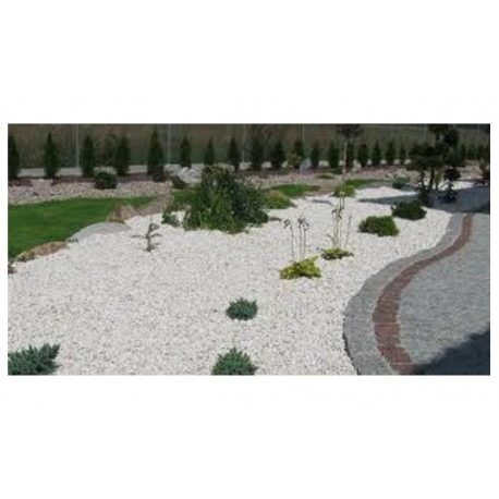 Białe kamyczki dekoracyjne w ogrodzie, tworzące ścieżkę z obrzeżem z szarej kostki, z zielonymi krzewami i trawą w tle.