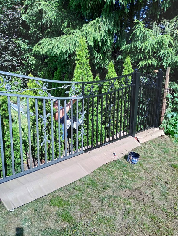 Malowanie metalowego ogrodzenia z ozdobnymi elementami na tle zieleni. Widoczna puszka z farbą i pędzel. Ochrona podłoża kartonem. Prace w toku.