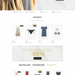 Projekt strony sklepu internetowego z odzieżą damską z Ostródy, prezentujący kolekcję wiosenną i ofertę wyprzedaży.