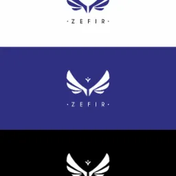 Projekt logo 'Zefir' z motywem stylizowanych skrzydeł i gwiazdy, zaprezentowany w trzech wariantach kolorystycznych: na białym, niebieskim i czarnym tle.