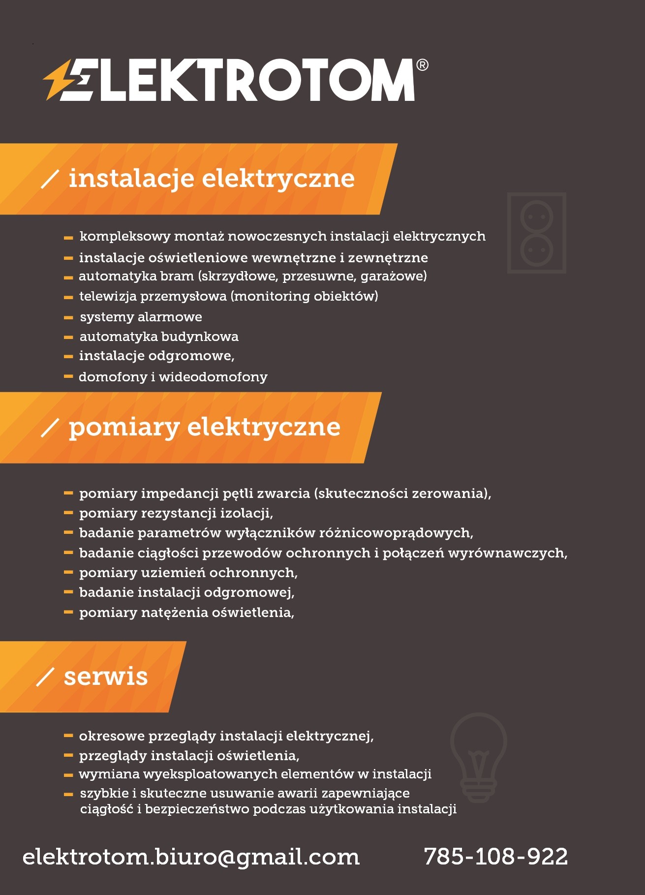 Grafika reklamowa firmy Elektrotom prezentująca zakres usług: kompleksowy montaż instalacji, instalacje oświetleniowe, automatyka bram, telewizja przemysłowa, systemy alarmowe, instalacje odgromowe...