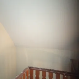 Świeżo pomalowane poddasze ze skosami i drewnianą balustradą, widoczne ślady farby na balustradzie.