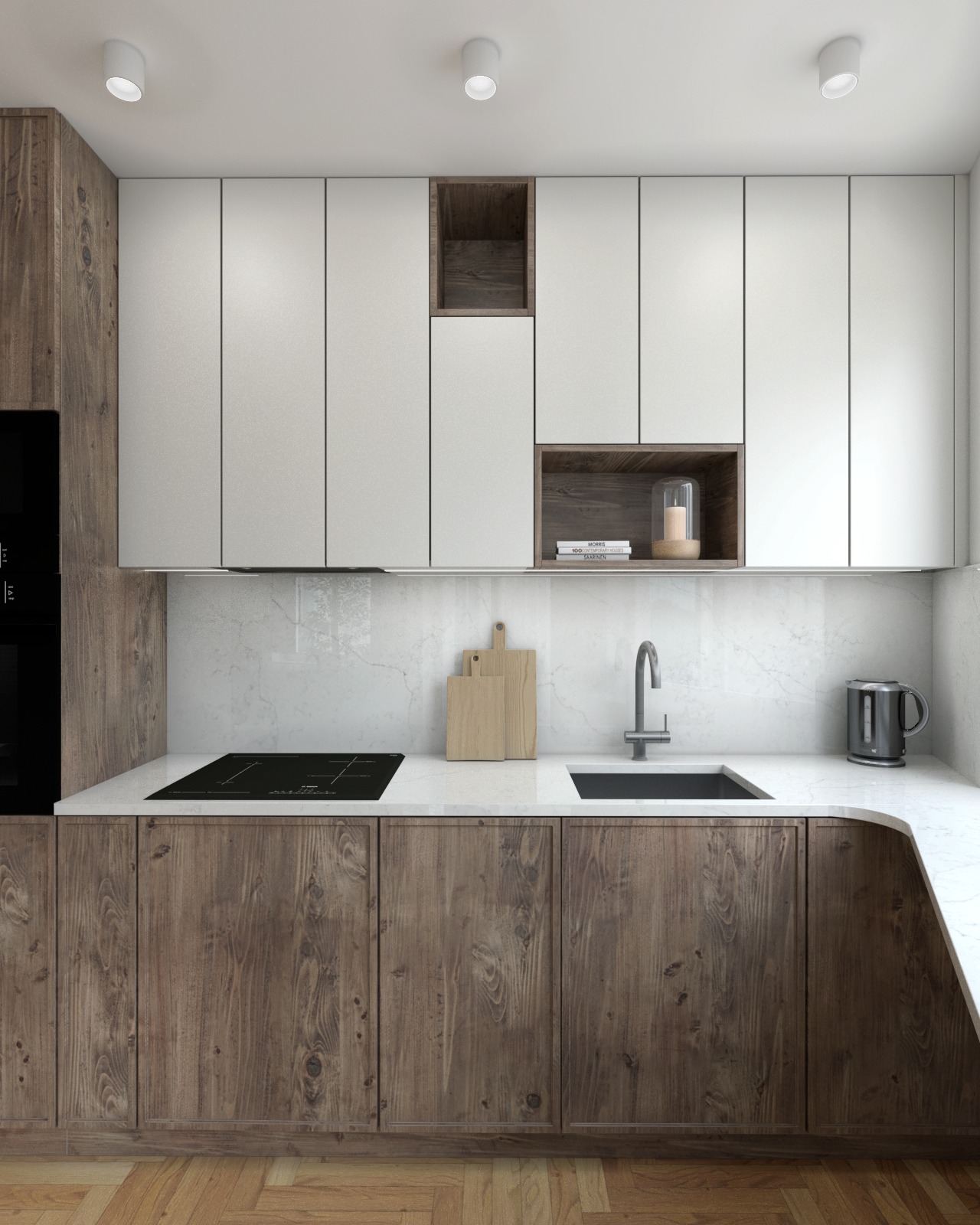 Wizualizacja nowoczesnej kuchni z drewnianymi i białymi szafkami, marmurowym blatem, płytą indukcyjną, zlewozmywakiem i drewnianymi deskami do krojenia, oświetlona punktowymi lampami sufitowymi.