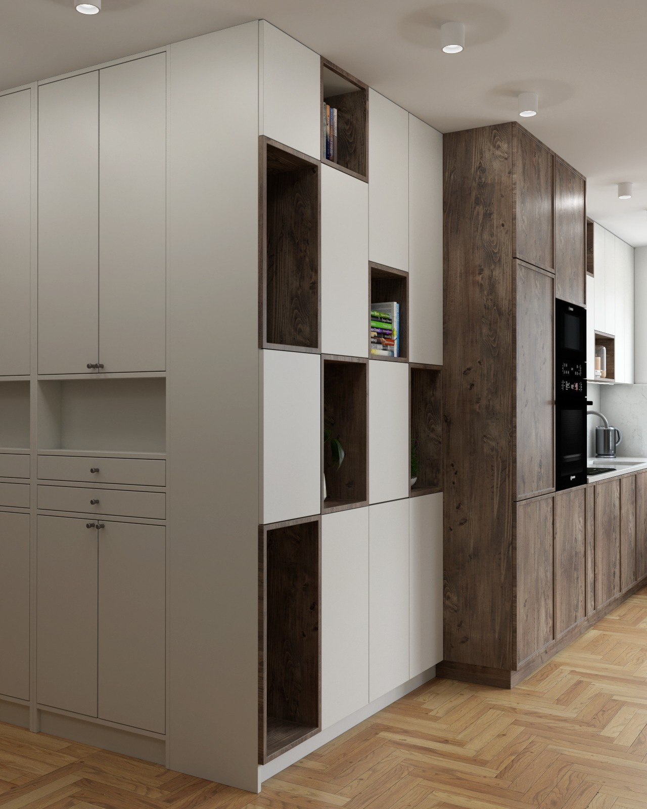 Nowoczesna kuchnia z zabudową meblową: białe szafki z drewnianymi akcentami, otwarte półki z książkami i roślinami, parkiet w jodełkę.