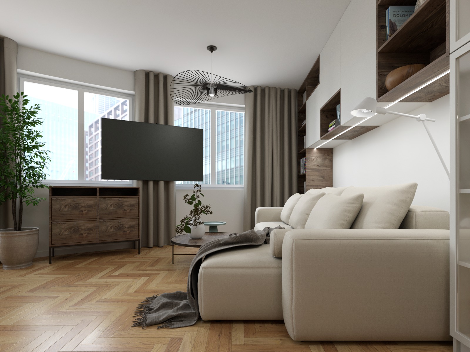 Jasny salon z parkietem w jodełkę, beżową sofą z poduszkami, telewizorem na tle okna z widokiem na miasto, drewnianą komodą i półkami z oświetleniem LED.