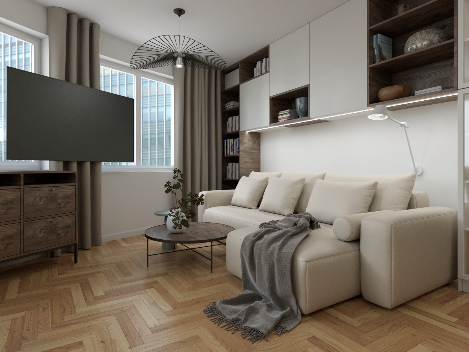 Nowoczesny salon z beżową sofą narożną, drewnianą szafką RTV, telewizorem, i parkietem w jodełkę, oświetlony lampą wiszącą w stylu industrialnym.