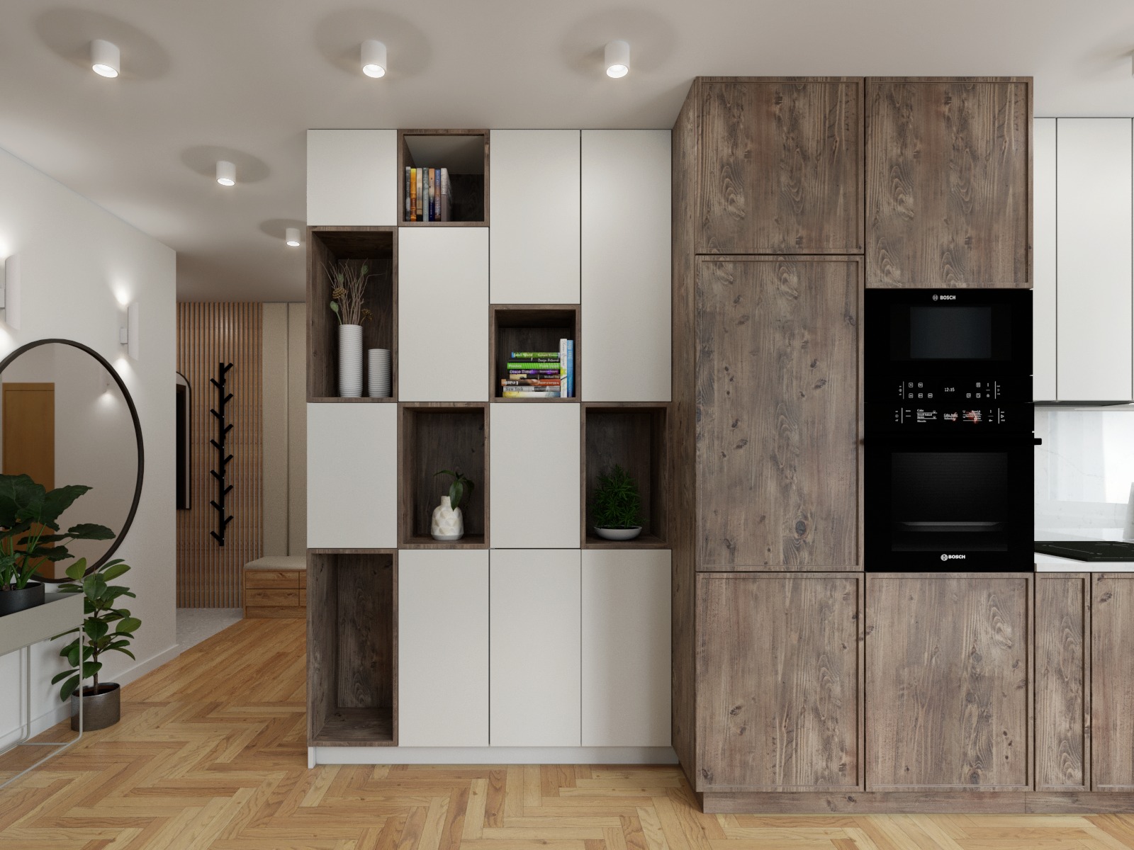 Nowoczesna aranżacja wnętrza: drewniano-biała zabudowa z półkami na książki i dekoracje, zintegrowana z piekarnikiem Bosch, parkiet w jodełkę, widok na przedpokój z lustrem i wieszakiem.