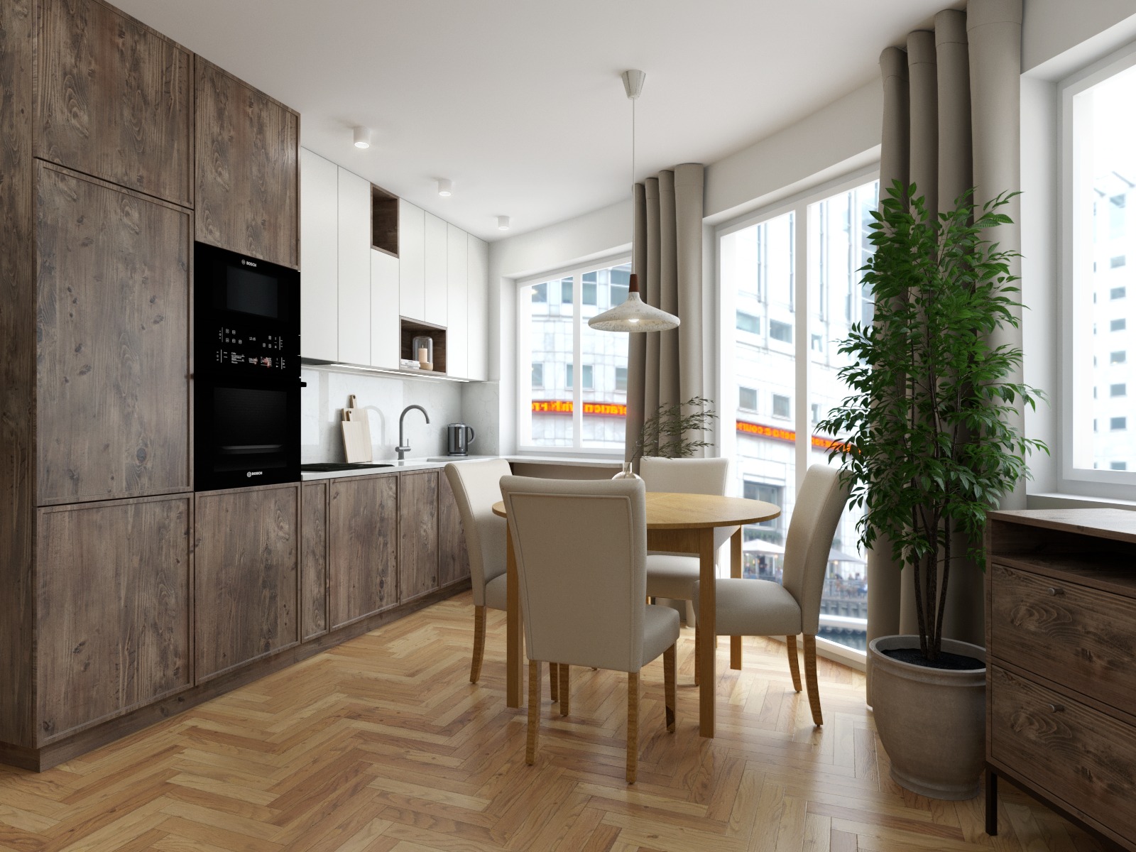 Wizualizacja kuchni z drewnianymi frontami szafek, okrągłym stołem z krzesłami i dużym oknem z widokiem na miasto.