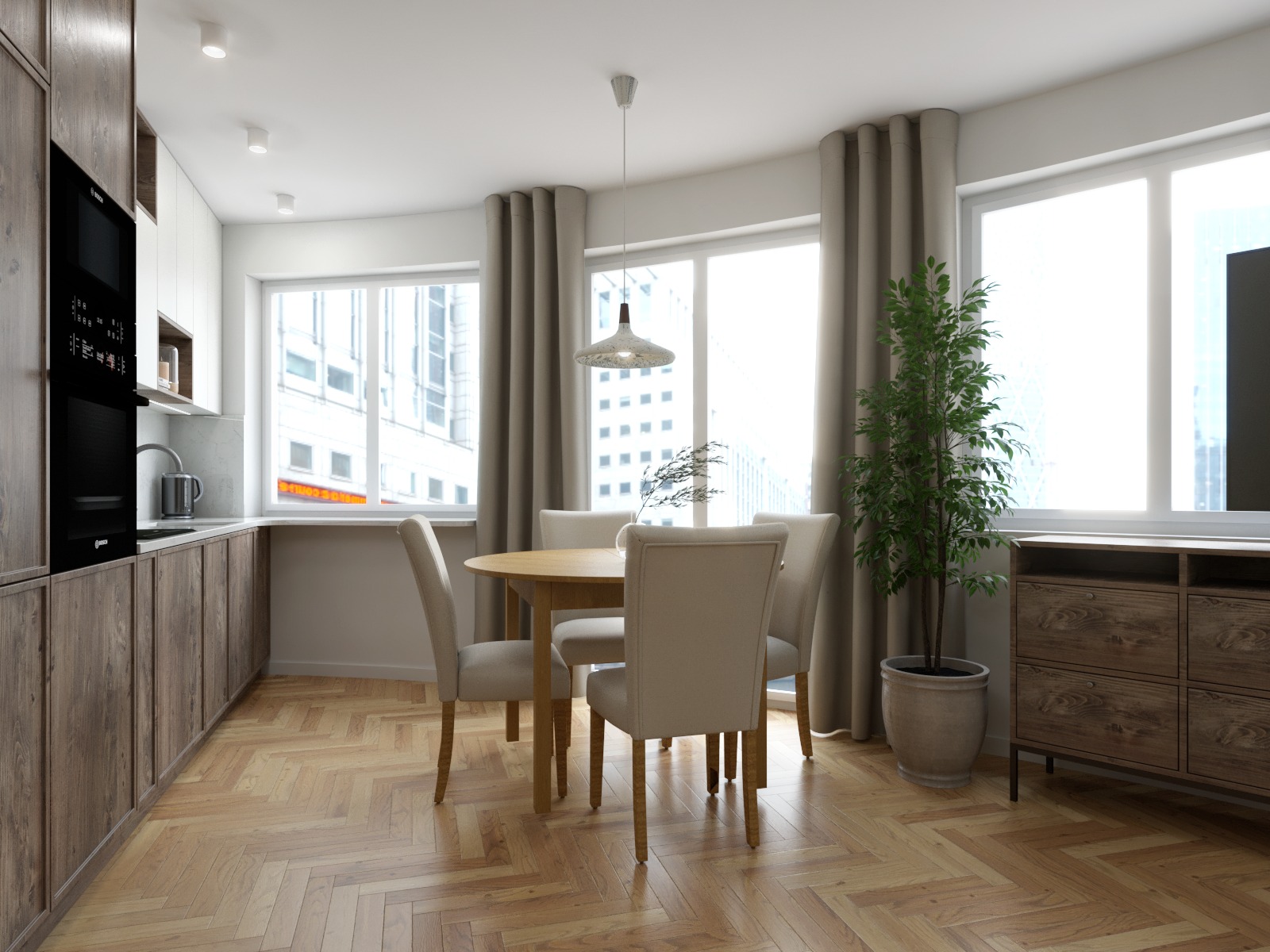 Jasne wnętrze jadalni z okrągłym drewnianym stołem i czterema krzesłami tapicerowanymi w beżowej tkaninie, parkiet w jodełkę, zabudowa kuchenna w odcieniach brązu i bieli, duże okna z widokiem...