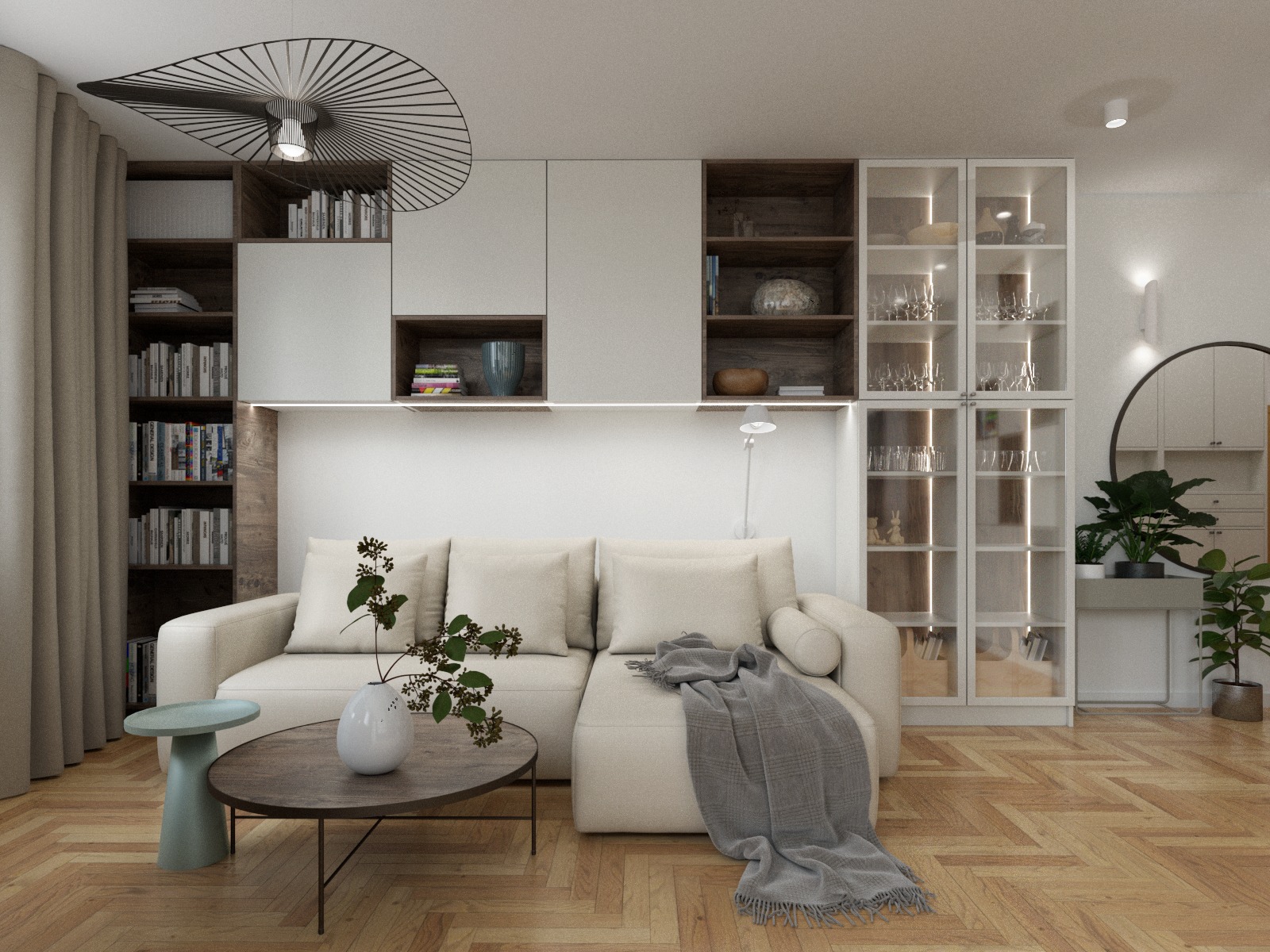 Jasny salon z modułową sofą narożną, drewnianym parkietem w jodełkę i dekoracyjnym oświetleniem sufitowym w kształcie wachlarza.