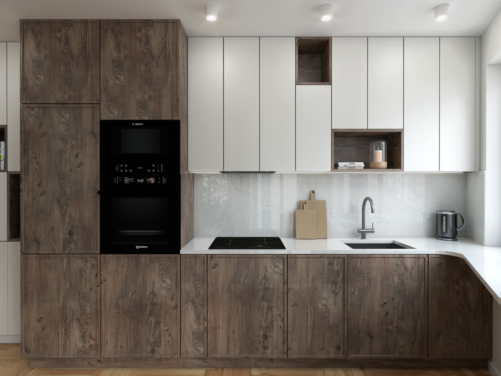 Nowoczesna kuchnia z drewnianymi szafkami dolnymi i białymi górnymi, wyposażona w czarny piekarnik Bosch, płytę indukcyjną i marmurowy backsplash.