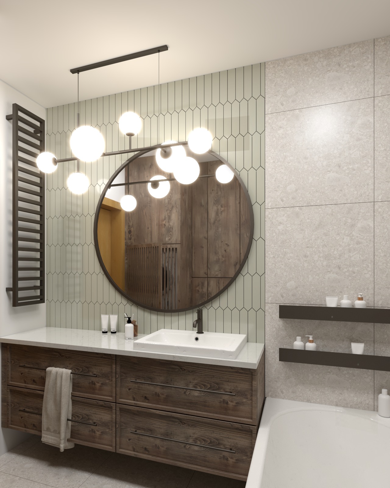 Nowoczesna łazienka z drewnianą szafką pod umywalką, okrągłym lustrem z oświetleniem kulistym i grzejnikiem drabinkowym na ścianie z geometrycznymi płytkami.