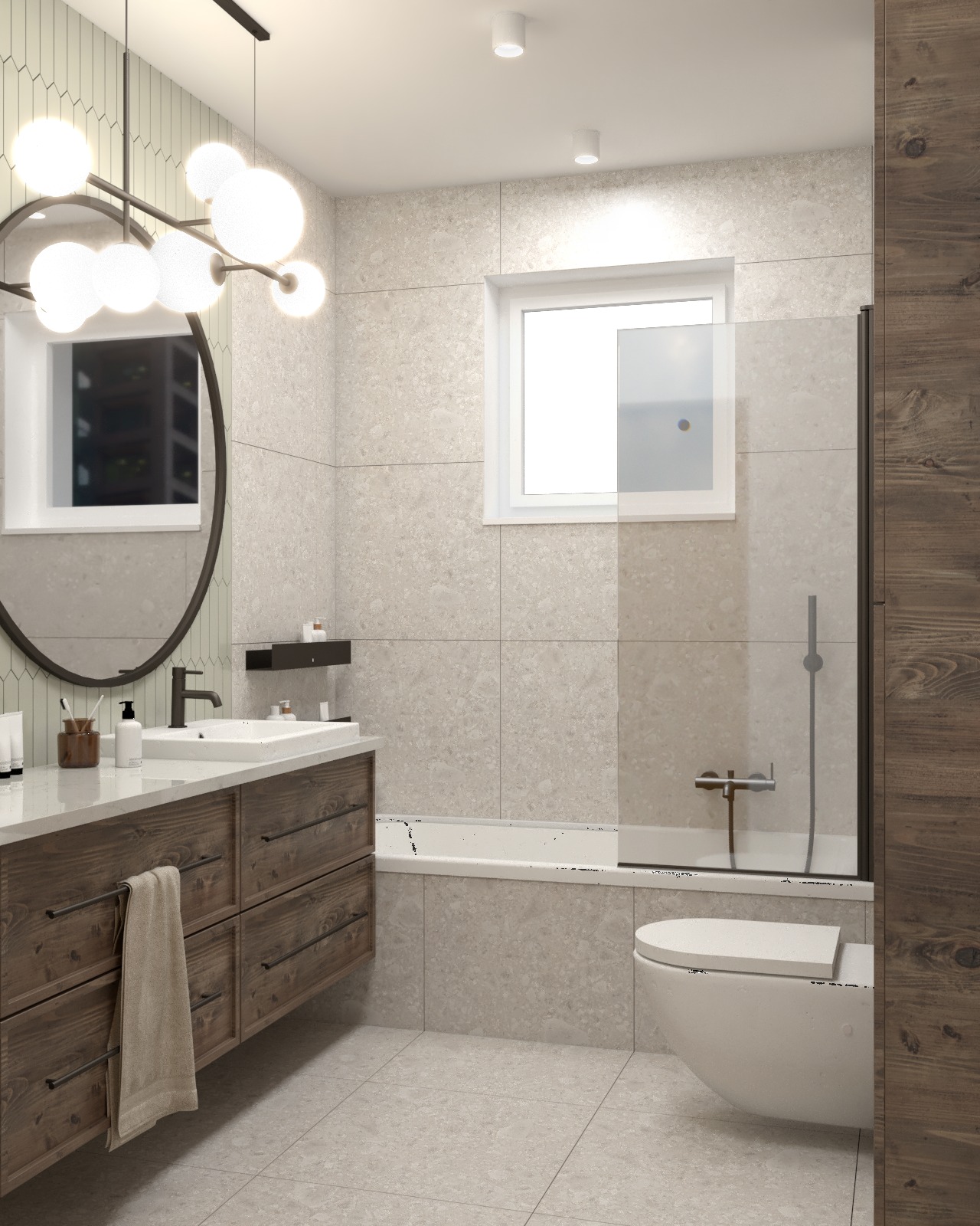 Nowoczesna łazienka z drewnianą szafką pod umywalką, okrągłym lustrem i minimalistycznym oświetleniem, widok na wannę za szklaną ścianką i toaletę.