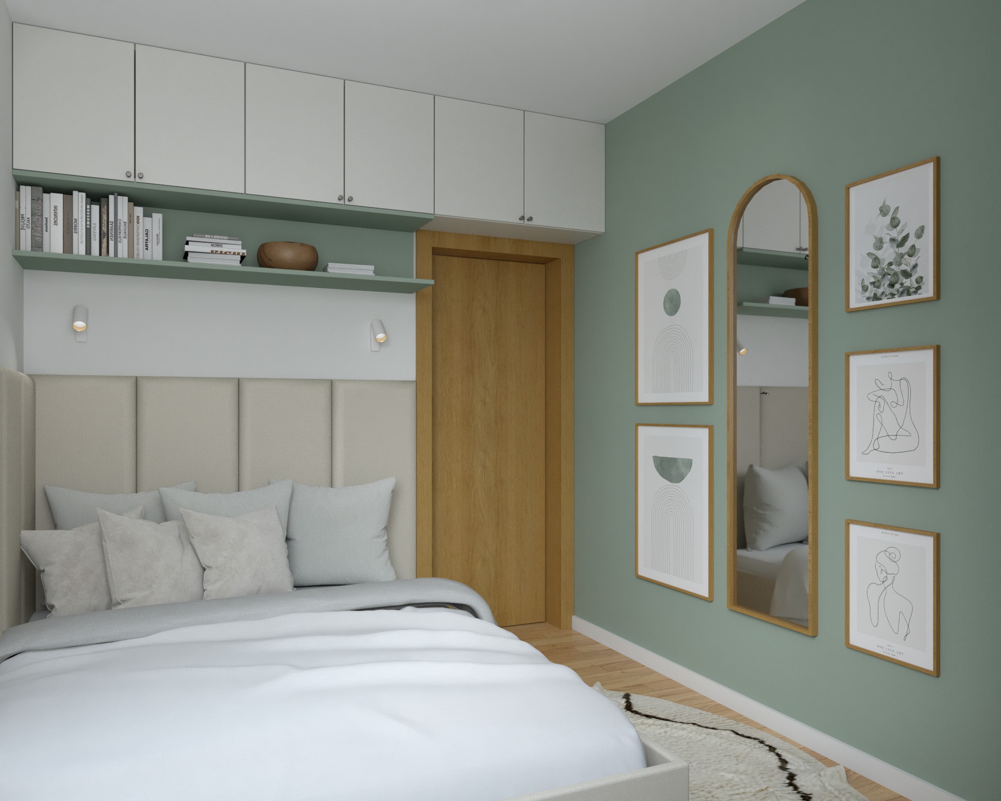 Nowoczesna sypialnia w odcieniach zieleni i beżu z łóżkiem z tapicerowanym zagłówkiem, półką z książkami nad łóżkiem i galerią obrazów na ścianie.