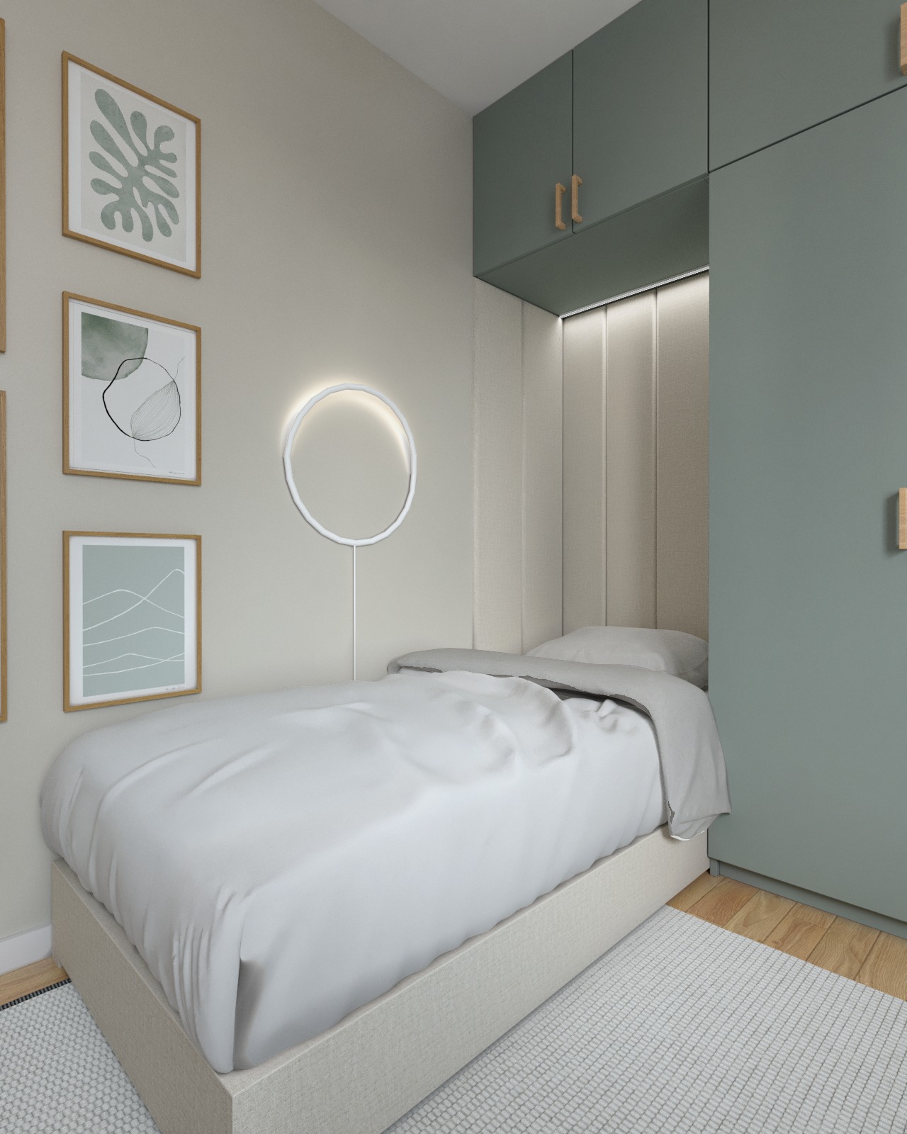 Pokój młodzieżowy z pojedynczym łóżkiem, minimalistycznymi grafikami na ścianie i okrągłą lampą, w stonowanej kolorystyce z akcentami zieleni.