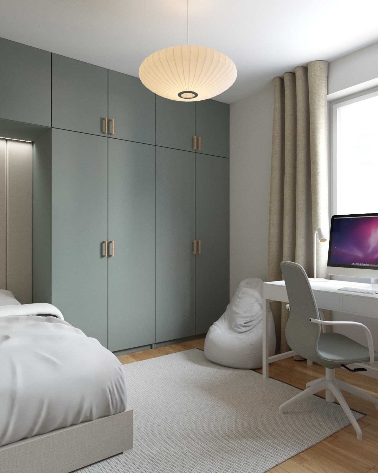 Pokój młodzieżowy z dużym, zielonym szafą w zabudowie, biurkiem z komputerem, pufą w kształcie worka i okrągłą lampą sufitową.
