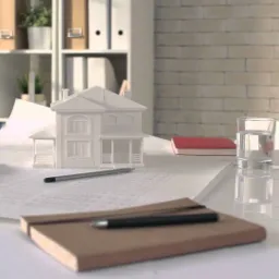 Biały model domu na planach architektonicznych, obok notatniki, ołówek i szklanka wody na biurku z białym blatem, w tle regał z segregatorami i fragment ściany z białej cegły.