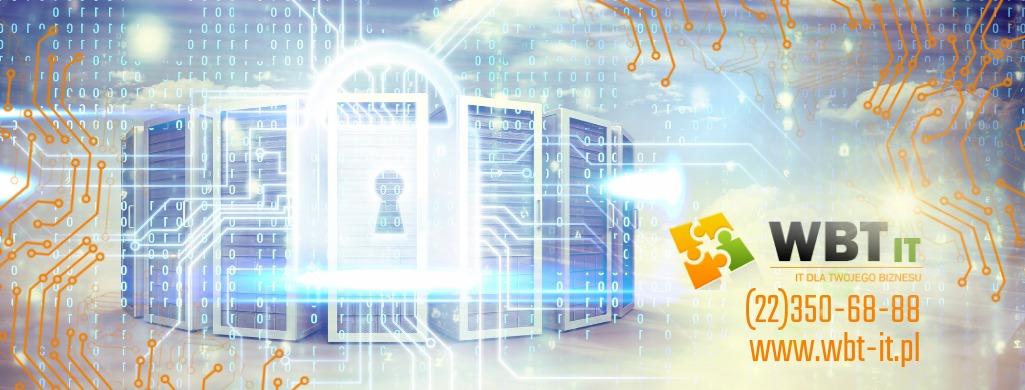 Grafika przedstawia serwery z nałożonym cyfrowym obwodem i symbolem kłódki, sugerując bezpieczeństwo danych, logo WBT IT w prawym dolnym rogu, numer telefonu i adres strony internetowej.