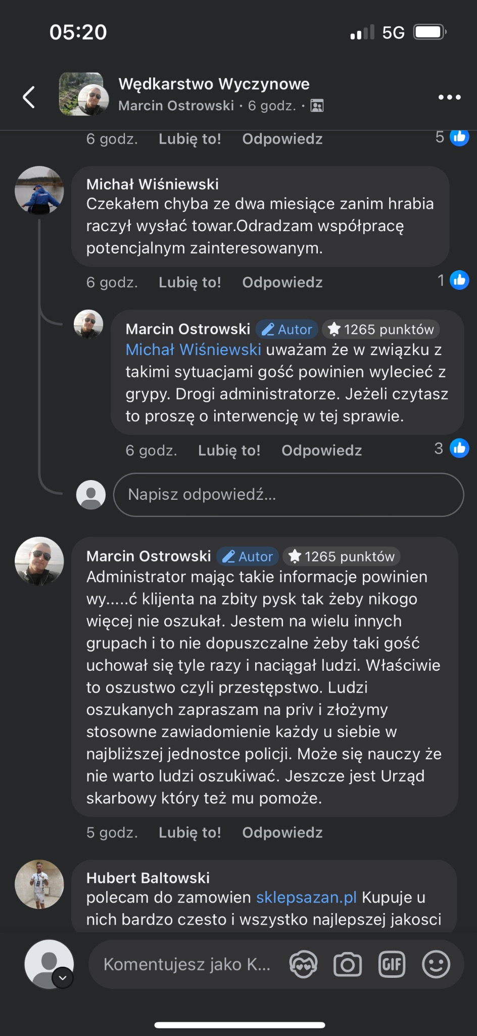 Zrzut ekranu z komentarzami w mediach społecznościowych. Użytkownicy dzielą się negatywnymi opiniami i ostrzegają przed nieuczciwymi praktykami. Tekst w języku polskim.