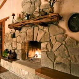 Rustykalny kominek z kamienia z paleniskiem, nad którym znajduje się półka z pnia drzewa, a na niej dekoracje: świecznik, zegar i wazon z kwiatami.
