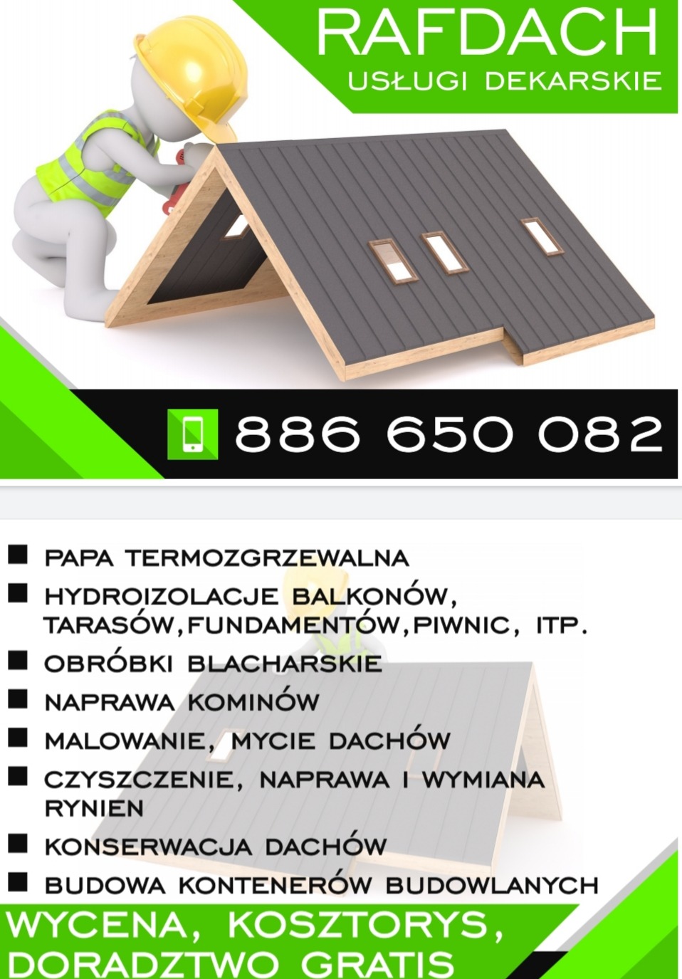 Grafika reklamowa firmy dekarskiej Rafdach: model dachu z szarej dachówki z trzema oknami dachowymi, obok postać z żółtym kaskiem w trakcie pracy, numer telefonu, lista usług, wycena i doradztwo...