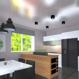 Wizualizacja nowoczesnej kuchni z wyspą z drewnianym blatem, białymi szafkami, czarną lodówką i piekarnikiem, oświetleniem punktowym oraz obrazem liścia monstery na ścianie w jadalni.