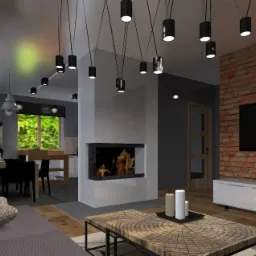 Wizualizacja wnętrza salonu z ceglaną ścianą, kominkiem, drewnianym stolikiem kawowym i designerskim oświetleniem punktowym.