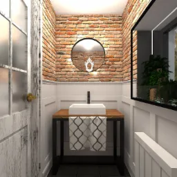 Wizualizacja małej łazienki z umywalką nablatową na drewnianym blacie, ceglaną ścianą z okrągłym lustrem i widokiem na zieleń za oknem.