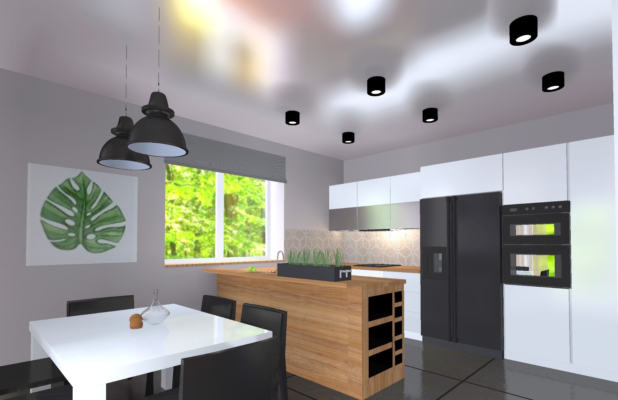 Wizualizacja nowoczesnej kuchni z wyspą z drewnianym blatem, białymi szafkami, czarną lodówką i piekarnikiem, oświetleniem punktowym oraz obrazem liścia monstery na ścianie w jadalni.