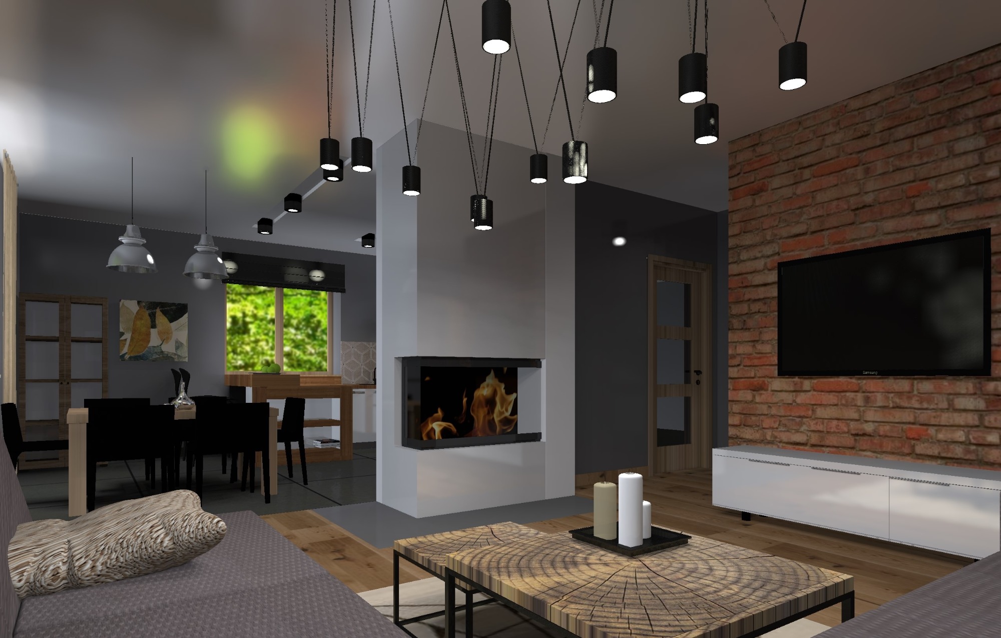 Wizualizacja wnętrza salonu z ceglaną ścianą, kominkiem, drewnianym stolikiem kawowym i designerskim oświetleniem punktowym.