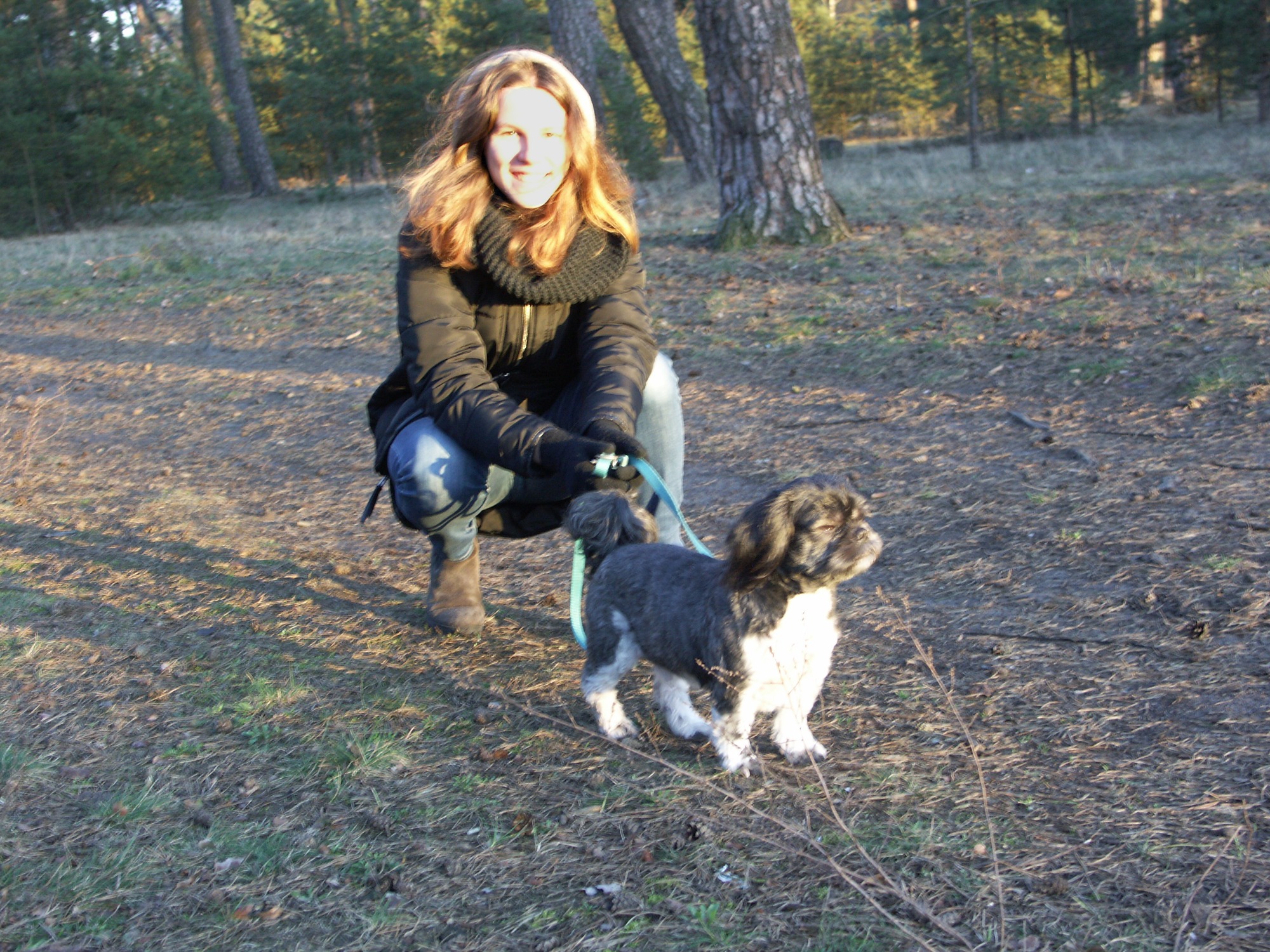 Kobieta w czarnej kurtce kuca na ścieżce leśnej, trzymając na smyczy małego, czarno-białego psa rasy Shih Tzu.