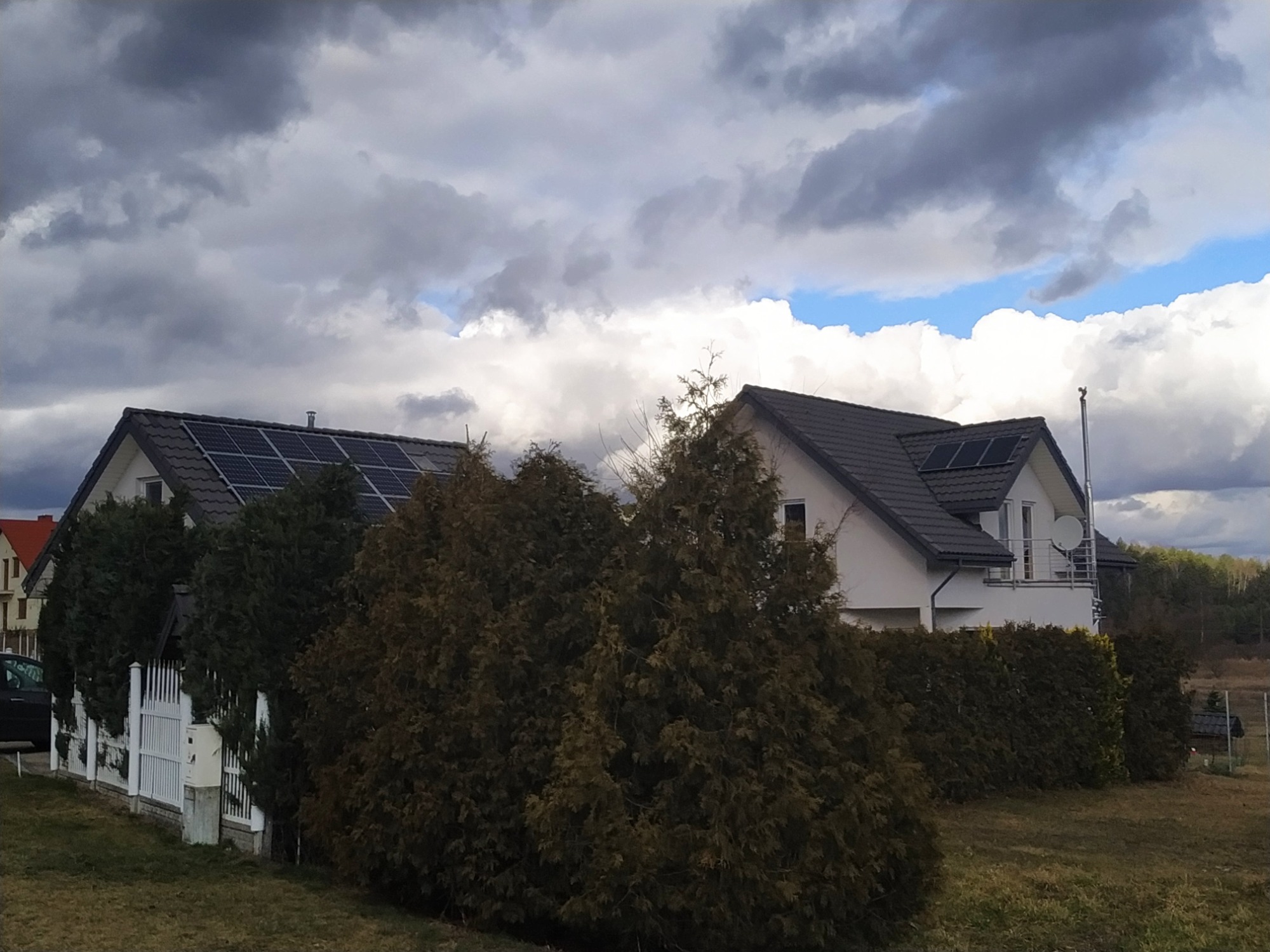 Dwa domy jednorodzinne z panelami słonecznymi na dachach, widoczne zza wysokich tuj, pochmurne niebo w tle.