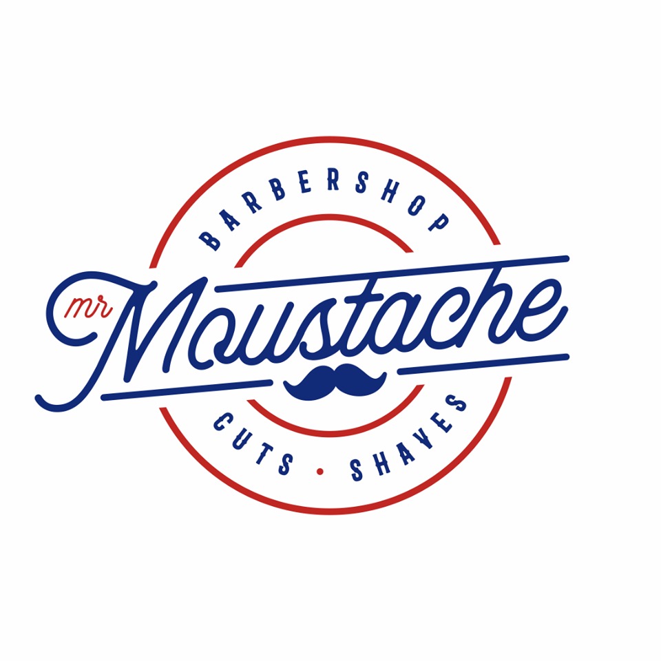 Logo barbershopu Mr. Moustache w stylu retro, z okrągłym motywem i elementem wąsów.