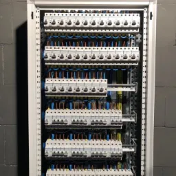 Rozdzielnia elektryczna z rzędami bezpieczników i przewodami w kolorach niebieskim, brązowym i żółto-zielonym, zamontowana na szarej ścianie z betonu komórkowego.