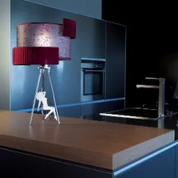 Nowoczesna lampa stołowa z abażurem w odcieniach czerwieni i wzorami, na metalowym statywie z wyciętą sylwetką tancerki, na blacie kuchennym w minimalistycznej kuchni z ciemnymi szafkami.