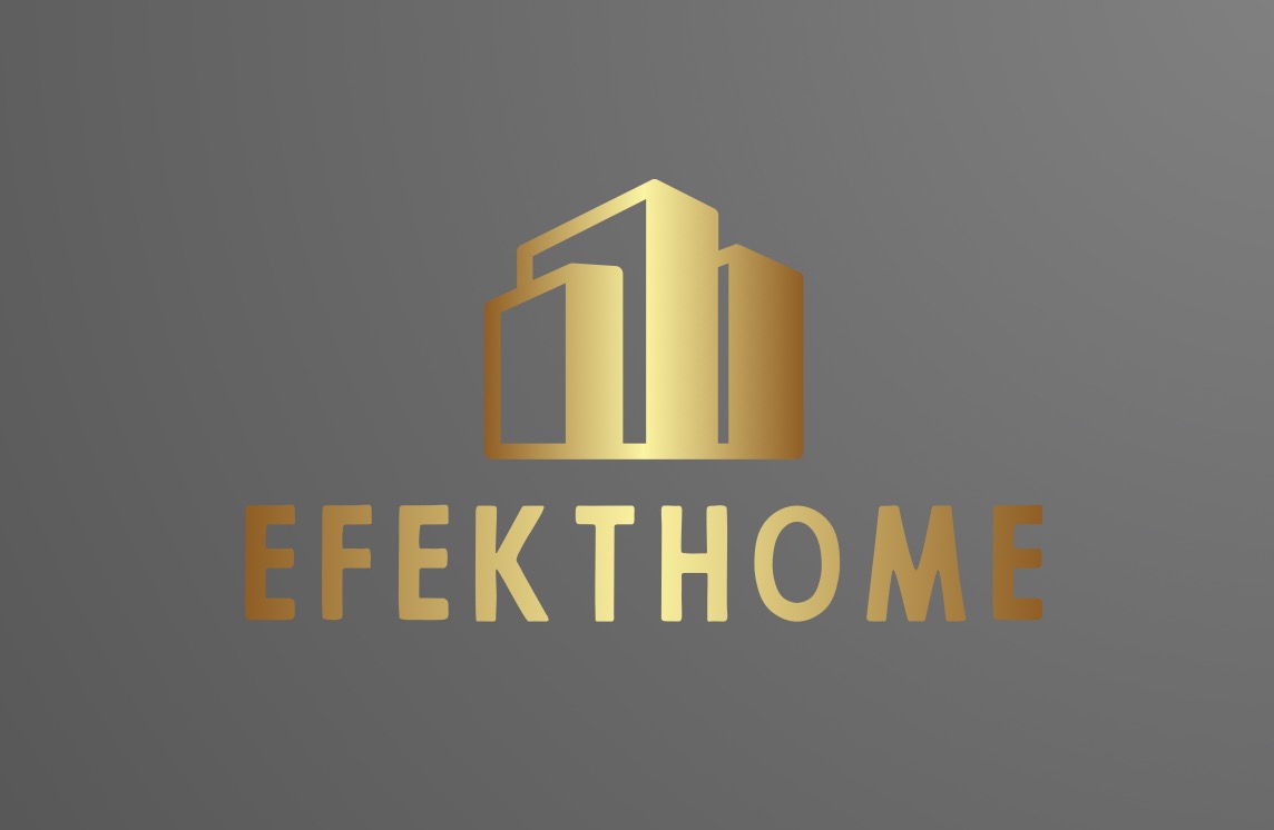 Złote logo firmy 'EFETKHOM' przedstawiające kontury trzech budynków na szarym tle.